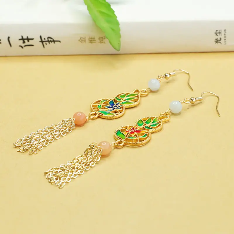 Aiyu Jade Earrings with Enamel Color Gourd Hooks - Image 4