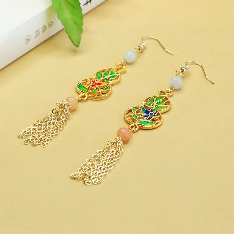 Aiyu Jade Earrings with Enamel Color Gourd Hooks - Image 5