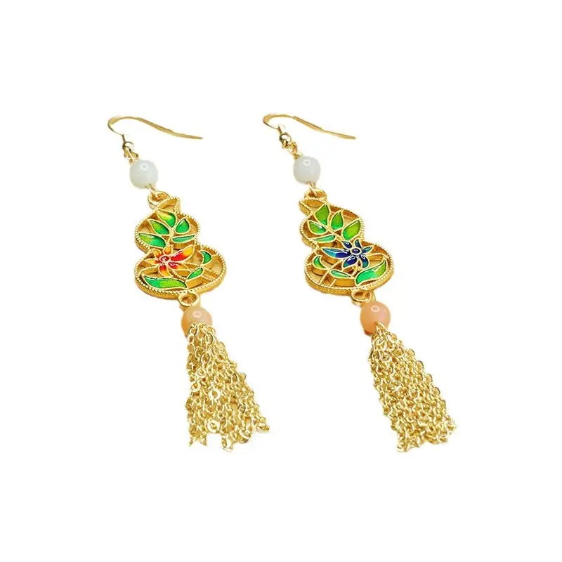 Aiyu Jade Earrings with Enamel Color Gourd Hooks - Image 6