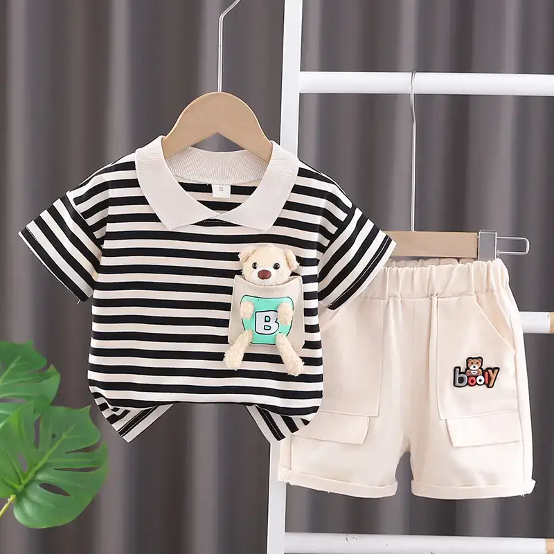 Boys Green Striped Summer Suit Short Sleeve Two Piece - Image 4