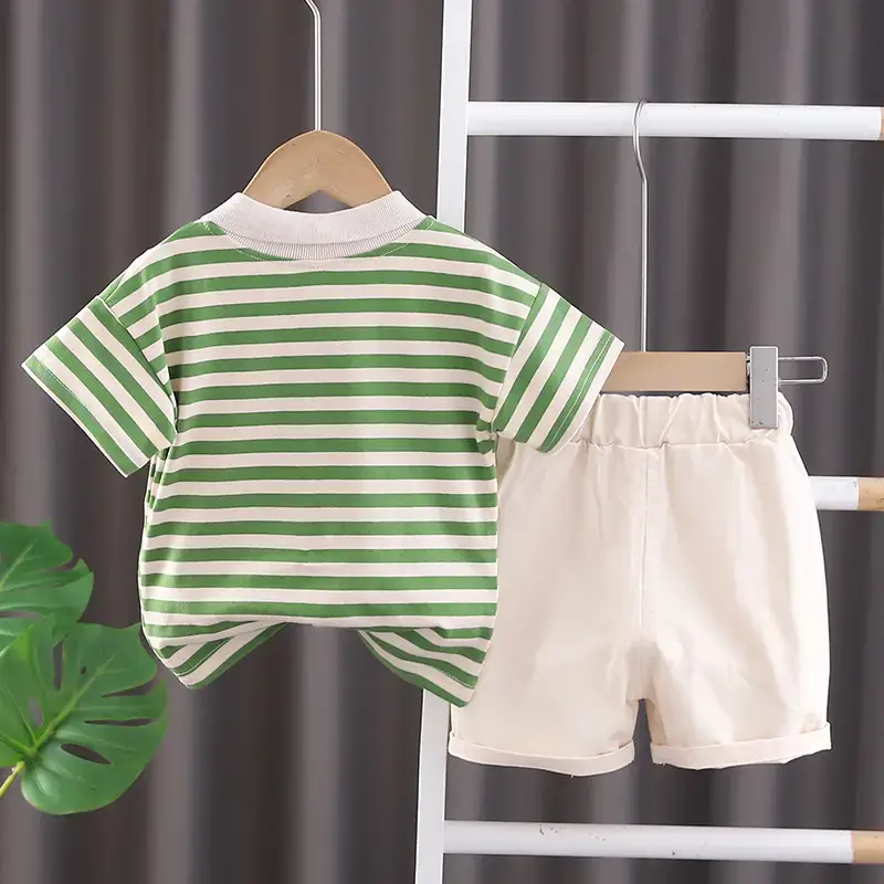 Boys Green Striped Summer Suit Short Sleeve Two Piece - Image 5