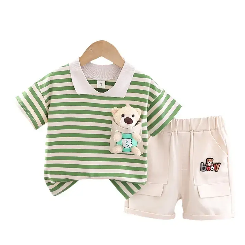 Boys Green Striped Summer Suit Short Sleeve Two Piece - Image 6