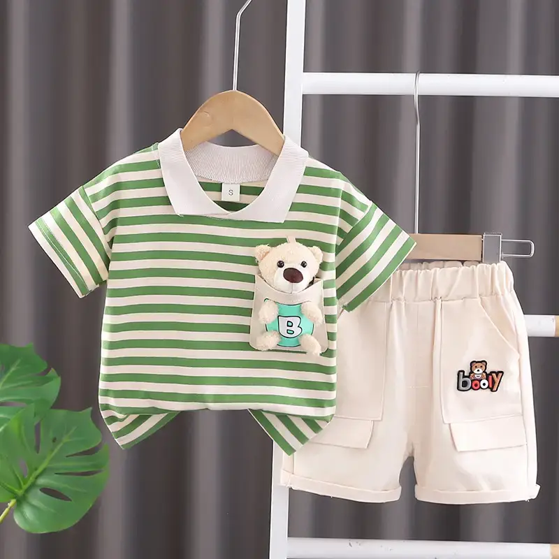 Boys Green Striped Summer Suit Short Sleeve Two Piece — feature 2