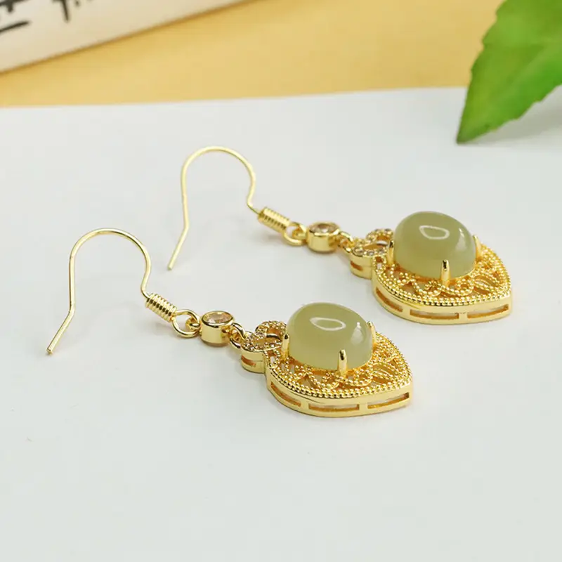 Heart Shaped Jade Earrings Gold Plated Clear Water - Image 2