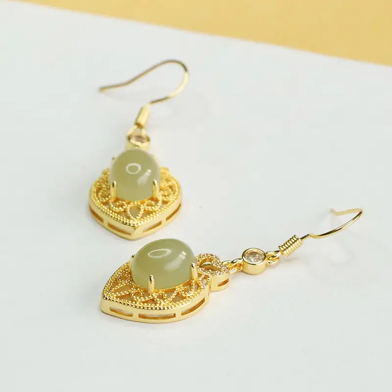 Heart Shaped Jade Earrings Gold Plated Clear Water - Image 3