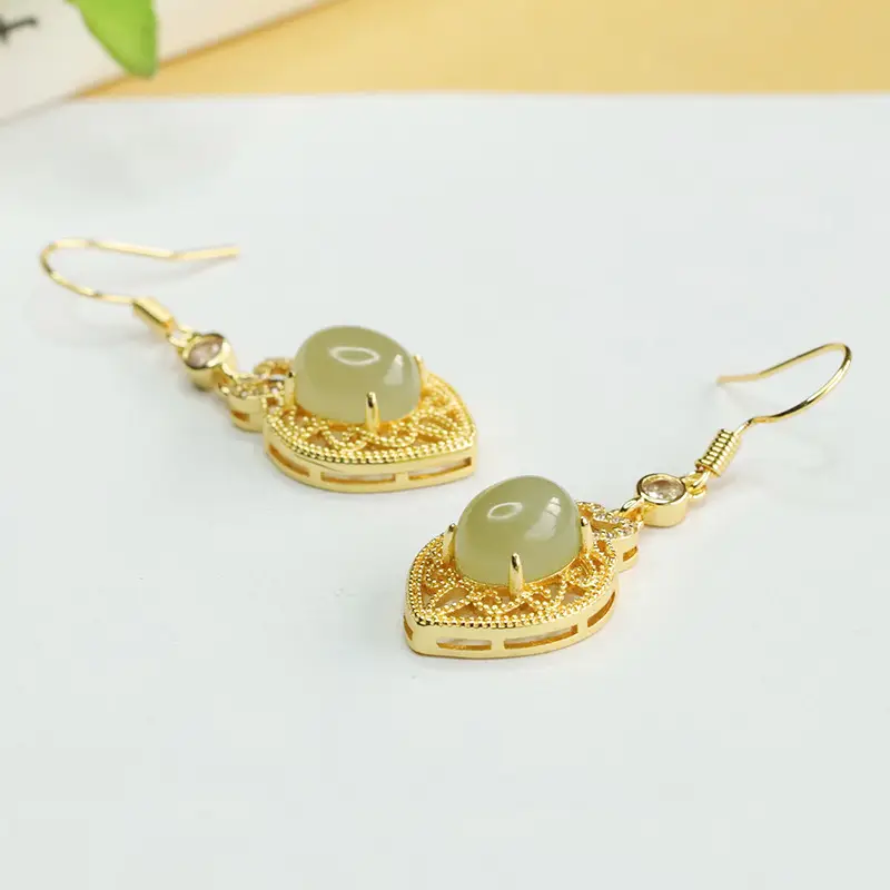 Heart Shaped Jade Earrings Gold Plated Clear Water - Image 4