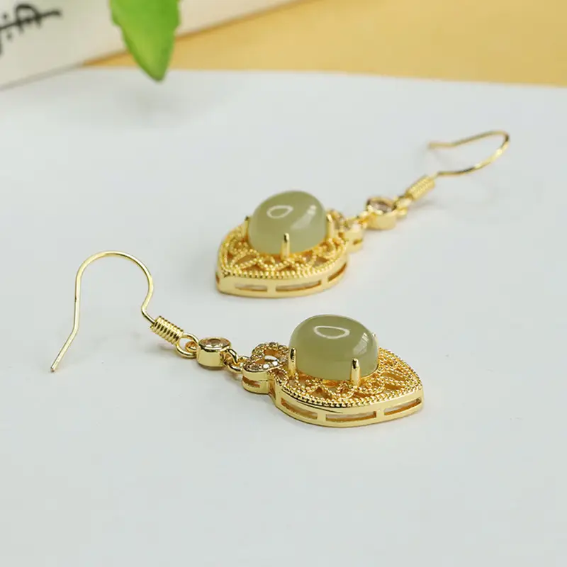 Heart Shaped Jade Earrings Gold Plated Clear Water — feature 1