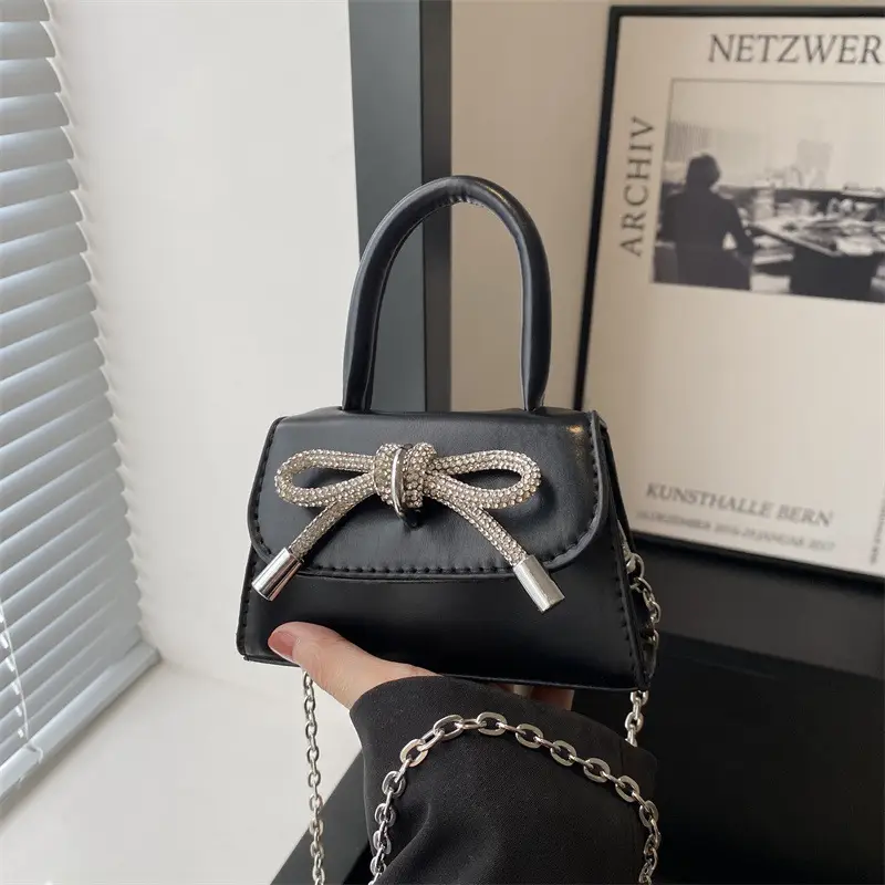 Black Bow Crossbody Bag with Diamond Chain - Image 6