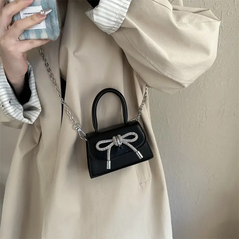 Black Bow Crossbody Bag with Diamond Chain - Image 7