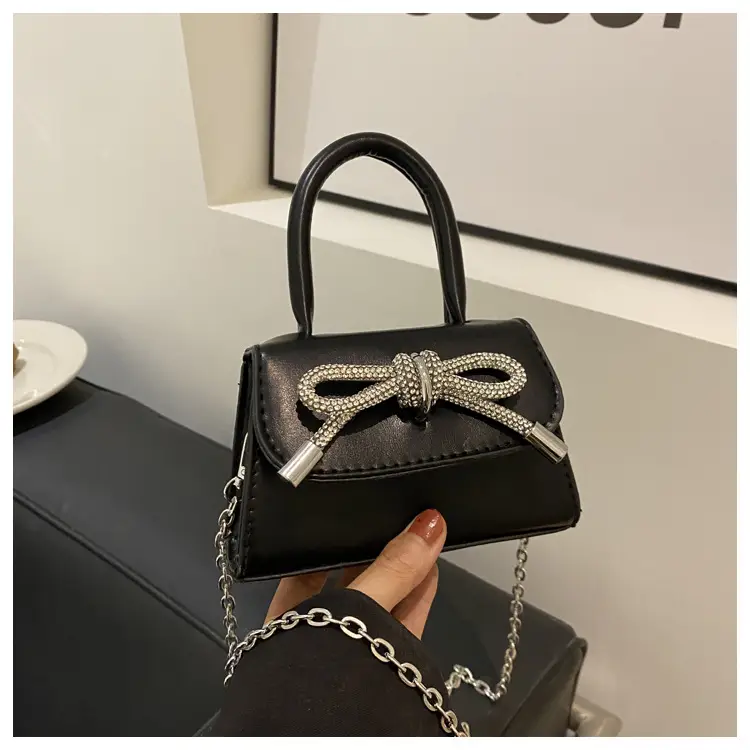 Black Bow Crossbody Bag with Diamond Chain - Image 2