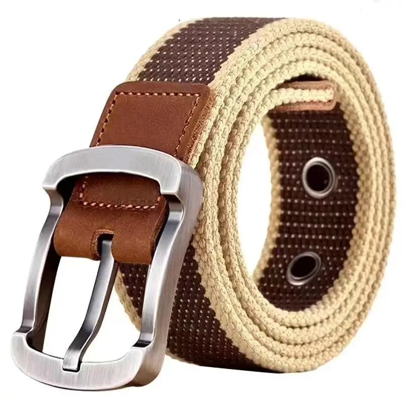 Men's Brown Canvas Belt with Korean Style Buckle