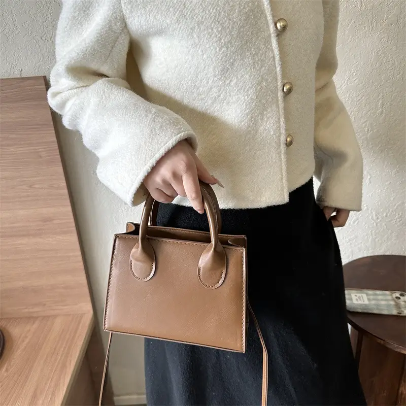 Retro Textured Square Bag Women Brown Shoulder Crossbody - Image 7