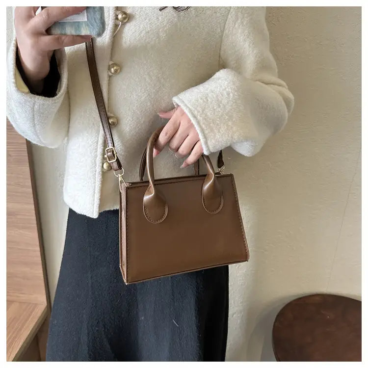 Retro Textured Square Bag Women Brown Shoulder Crossbody — feature 24