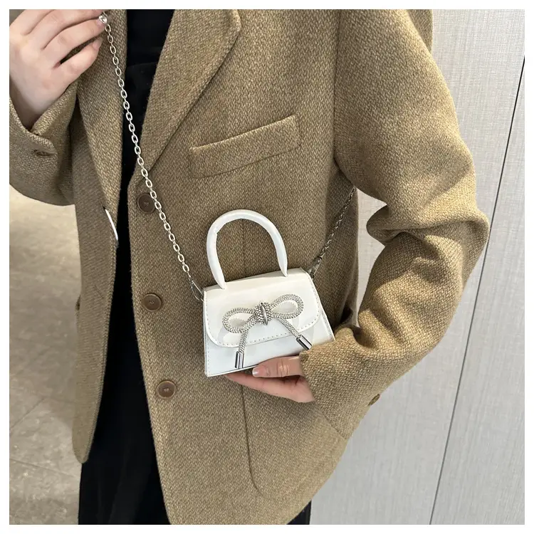 White Mini Bow Chain Crossbody Bag for Women - Image 8