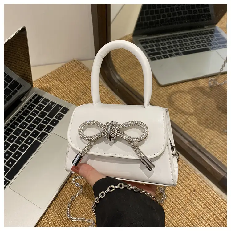 White Mini Bow Chain Crossbody Bag for Women - Image 3