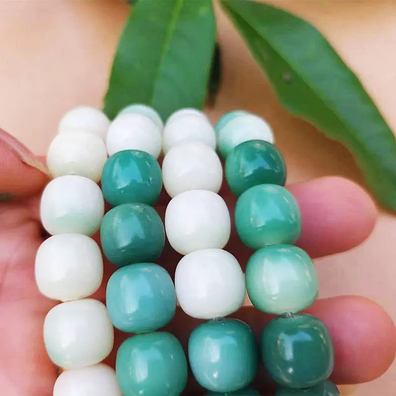 Women's Green Jade Bodhi Root Bracelet with White Beads — feature 3