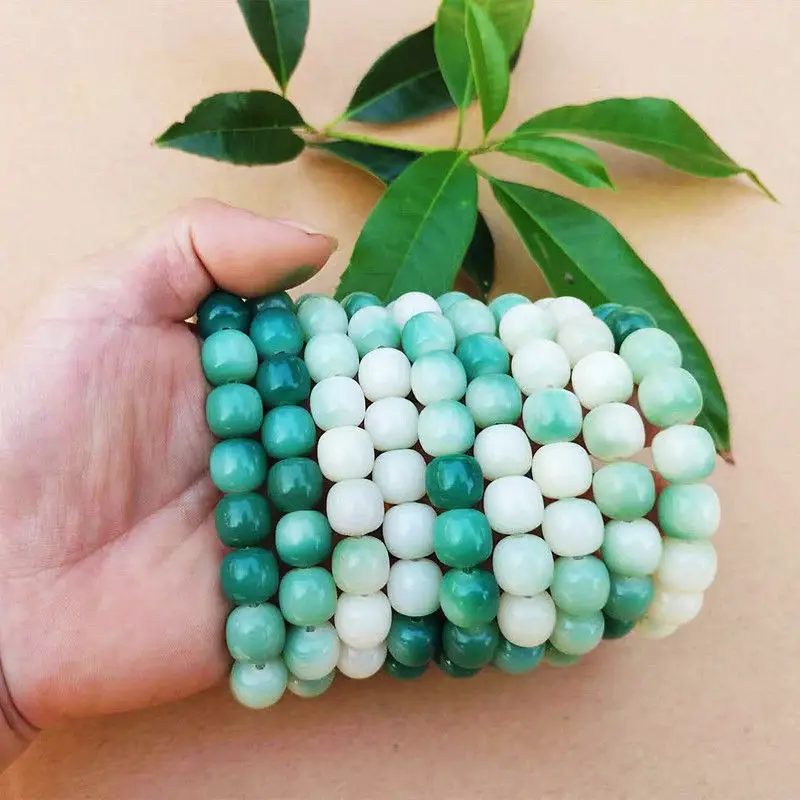 Women's Green Jade Bodhi Root Bracelet with White Beads — feature 4