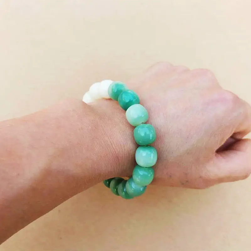 Women's Green Jade Bodhi Root Bracelet with White Beads — feature 8
