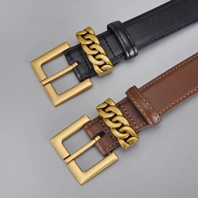 Cross-border Leather Belt with Gold Alloy Buckle