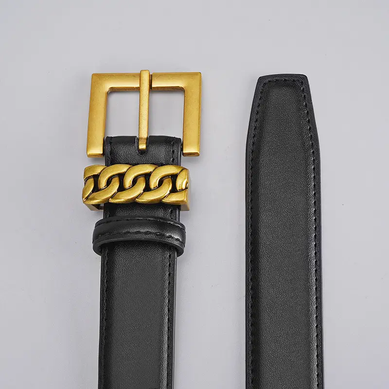 Cross-border Leather Belt with Gold Alloy Buckle