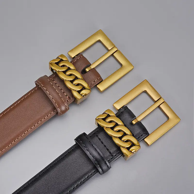 Cross-border Leather Belt with Gold Alloy Buckle