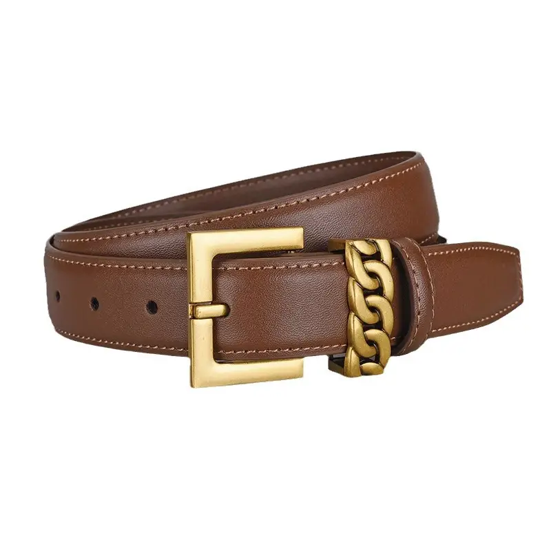 Cross-border Leather Belt with Gold Alloy Buckle