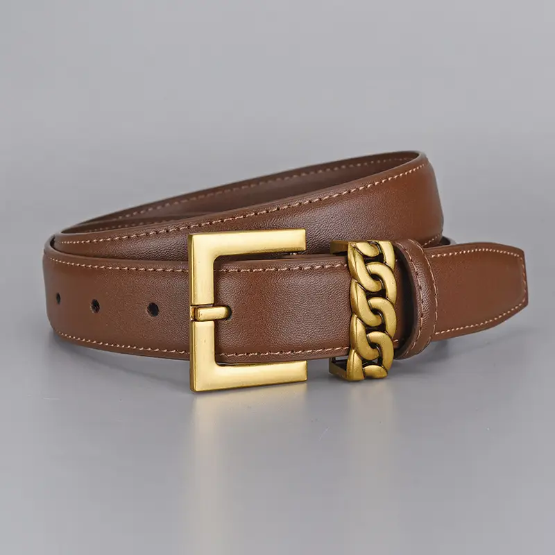 Cross-border Leather Belt with Gold Alloy Buckle