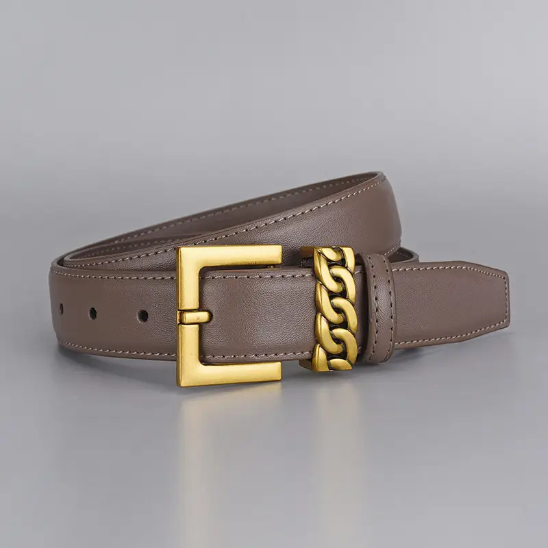 Cross-border Leather Belt with Gold Alloy Buckle