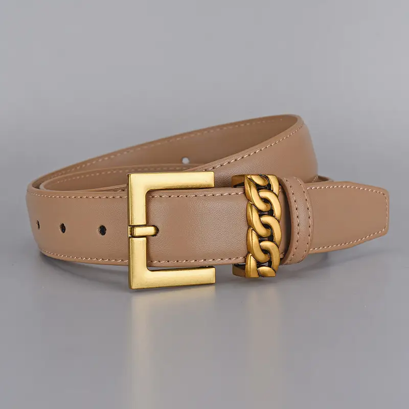 Cross-border Leather Belt with Gold Alloy Buckle
