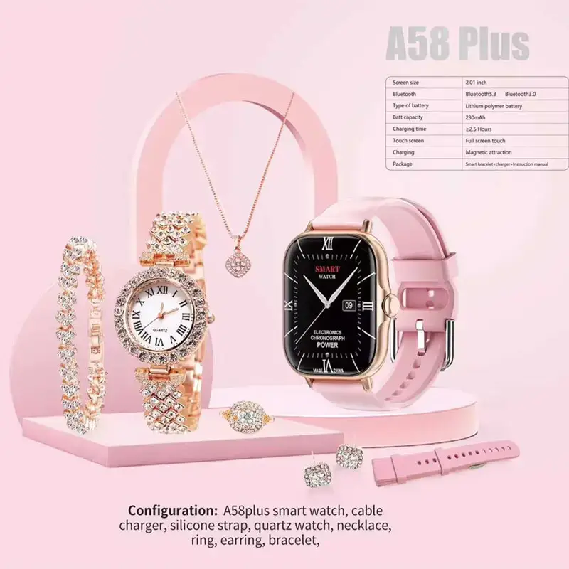 A58 Plus Smart Watch for Women Pink with Accessories - Image 3