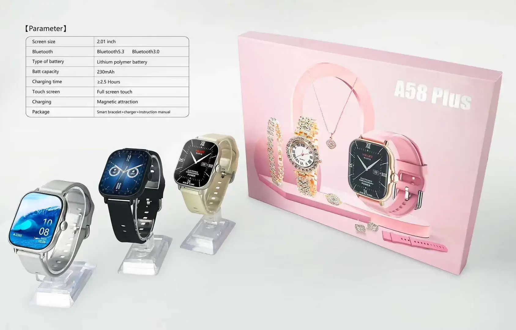 A58 Plus Smart Watch for Women Pink with Accessories — feature 6