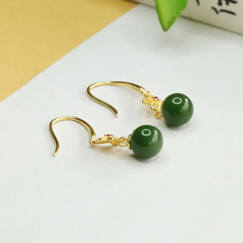 Jade Round Bead Earrings Gold Plated Green Jade