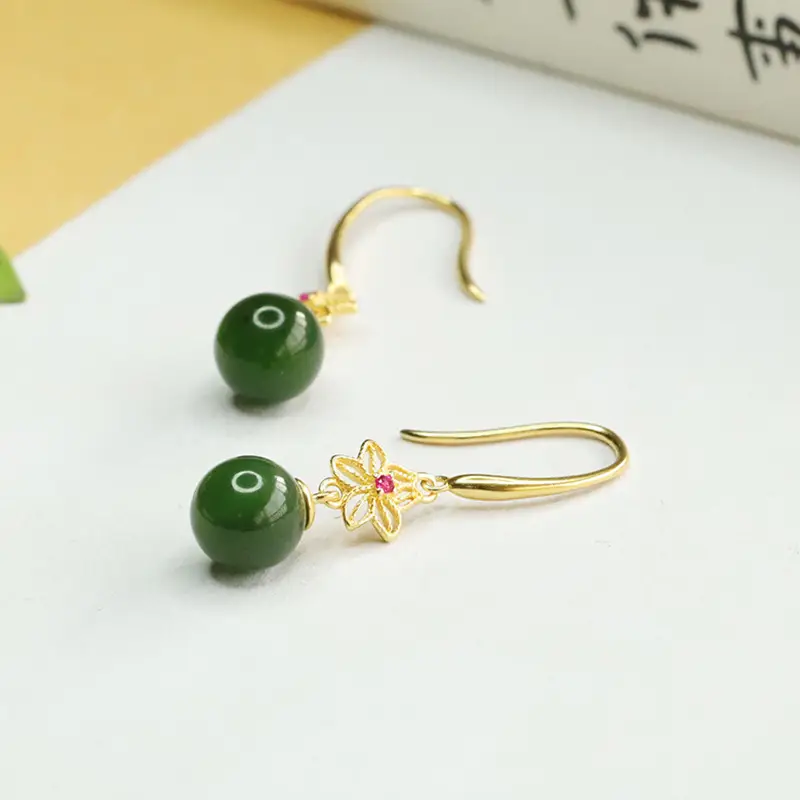 Jade Round Bead Earrings Gold Plated Green Jade