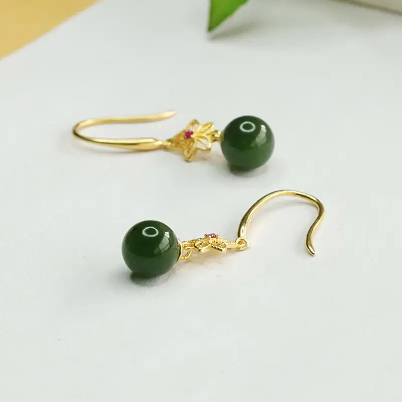 Jade Round Bead Earrings Gold Plated Green Jade