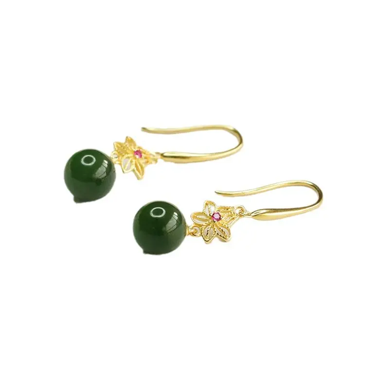 Jade Round Bead Earrings Gold Plated Green Jade