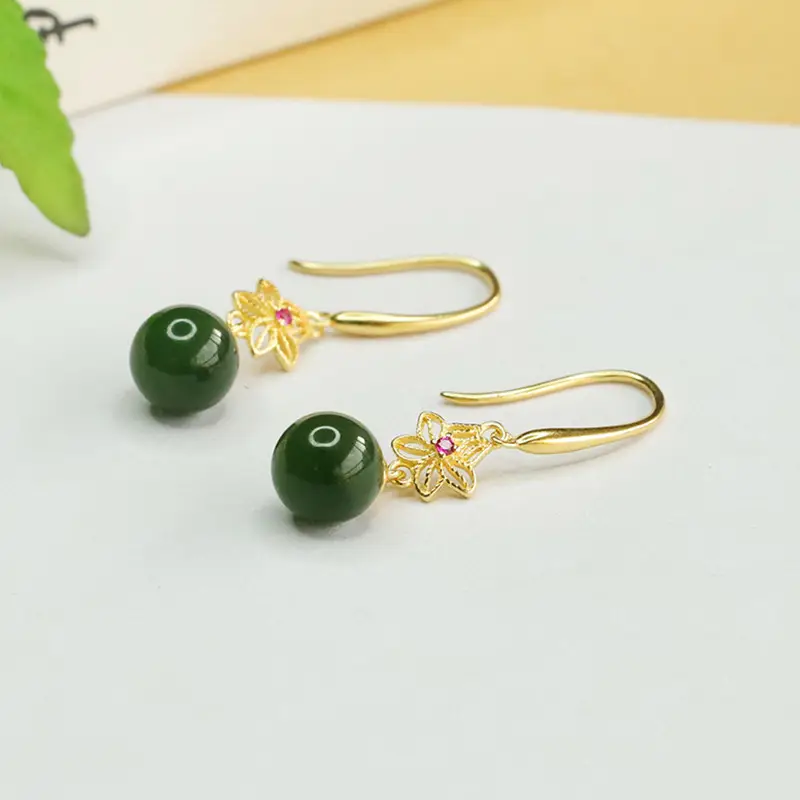 Jade Round Bead Earrings Gold Plated Green Jade — feature 10