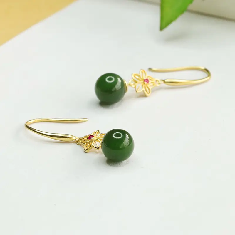 Jade Round Bead Earrings Gold Plated Green Jade — feature 3