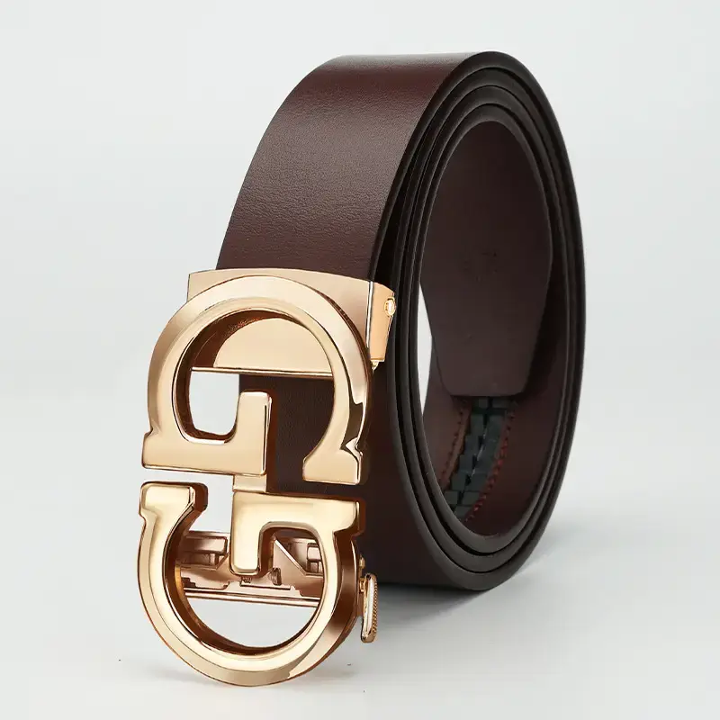 Vintage Gold Logo Leather Belt for Men Brown - Image 2