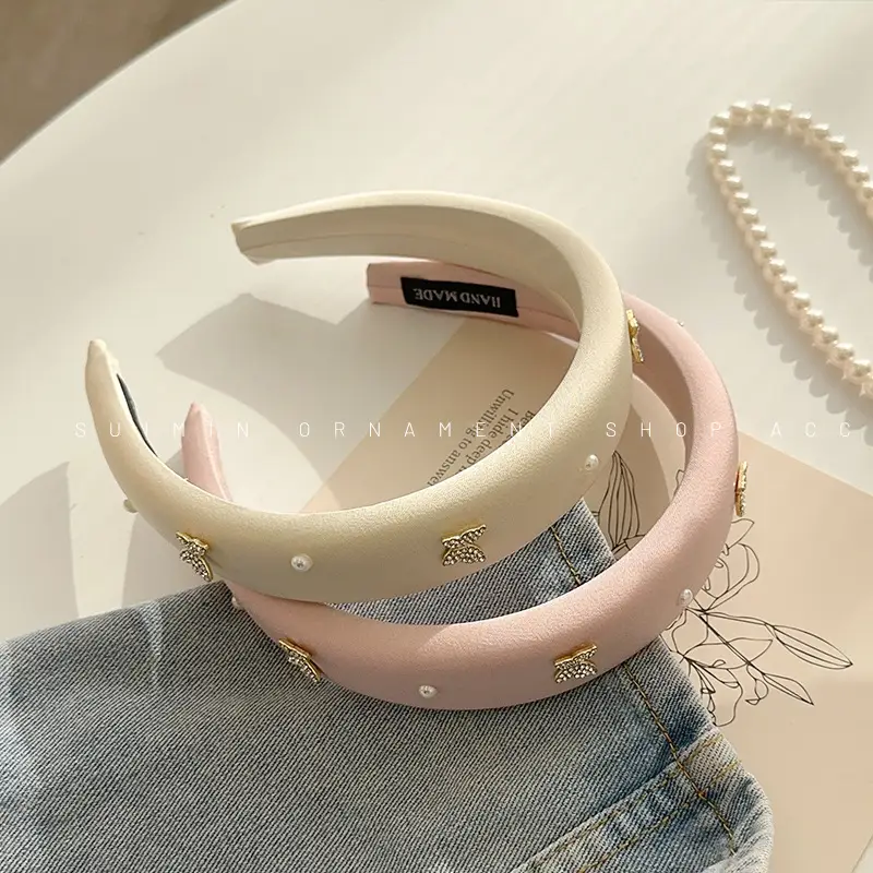 Butterfly Rhinestone Pearl Headband Black Wide Edge - Image 5