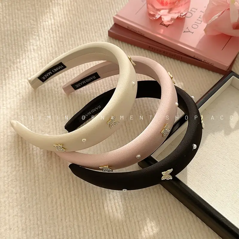 Butterfly Rhinestone Pearl Headband Black Wide Edge - Image 6