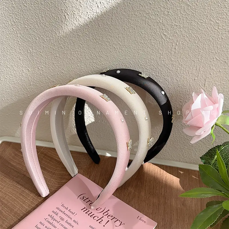 Butterfly Rhinestone Pearl Headband Black Wide Edge - Image 7