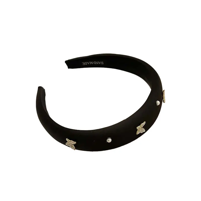 Butterfly Rhinestone Pearl Headband Black Wide Edge - Image 8