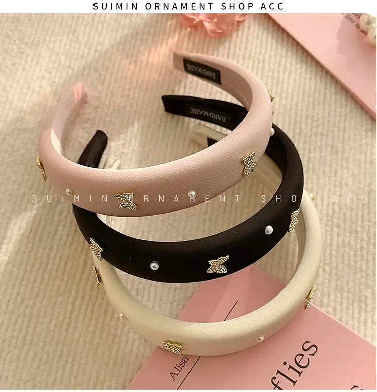 Butterfly Rhinestone Pearl Headband Black Wide Edge — feature 5