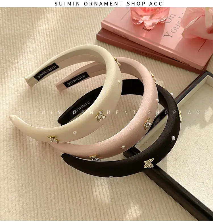 Butterfly Rhinestone Pearl Headband Black Wide Edge — feature 6