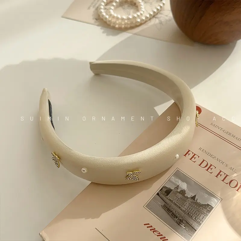 Butterfly Rhinestone Pearl Headband Black Wide Edge - Image 2