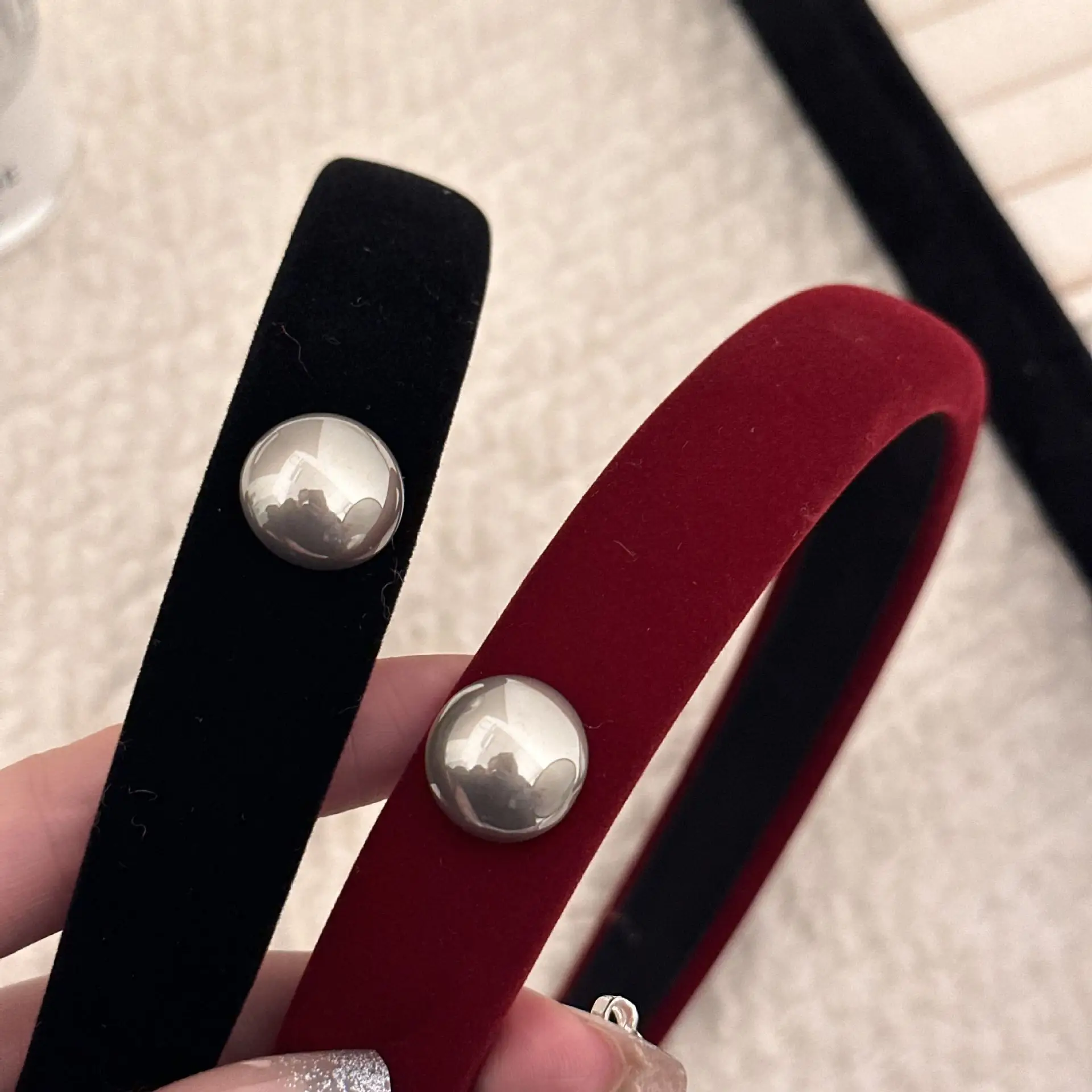 French Style Velvet Skull Top Headband Black Red Pearl - Image 4