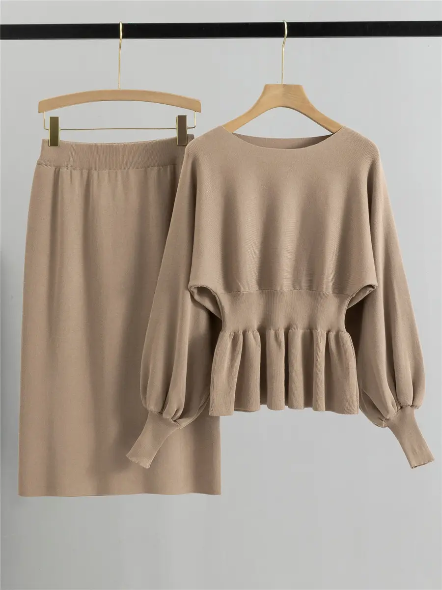 Cross-Border Foreign Trade Versatile Ladylike Two-Piece Set Ruffled Sweater High-Waist Slim Skirt Suit for Women in Autumn