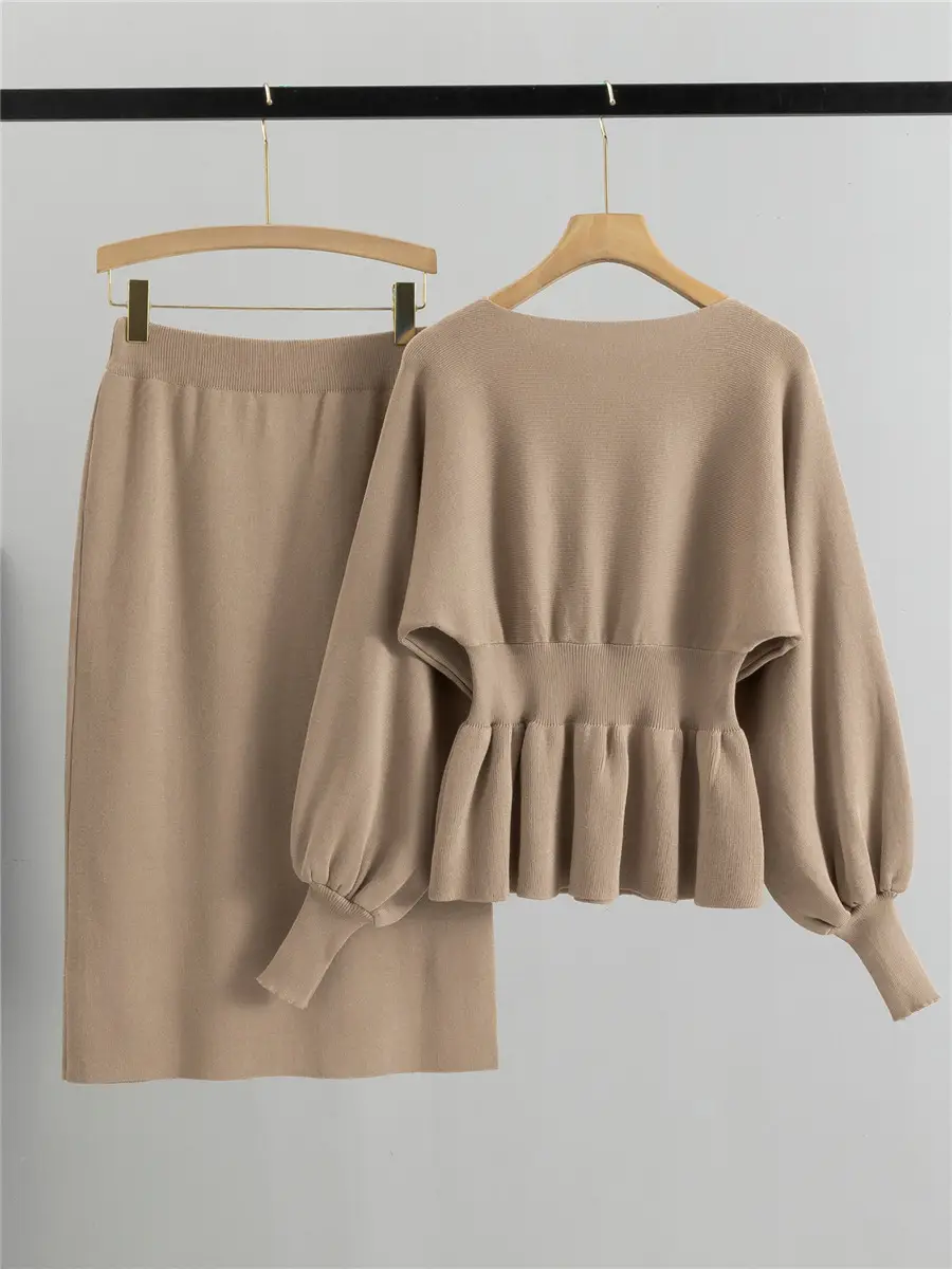 Cross-Border Foreign Trade Versatile Ladylike Two-Piece Set Ruffled Sweater High-Waist Slim Skirt Suit for Women in Autumn