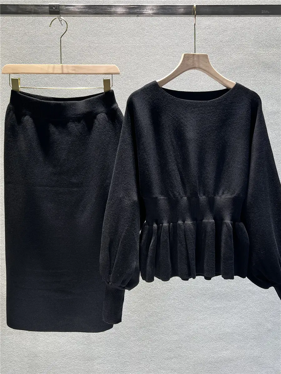 Cross-Border Foreign Trade Versatile Ladylike Two-Piece Set Ruffled Sweater High-Waist Slim Skirt Suit for Women in Autumn