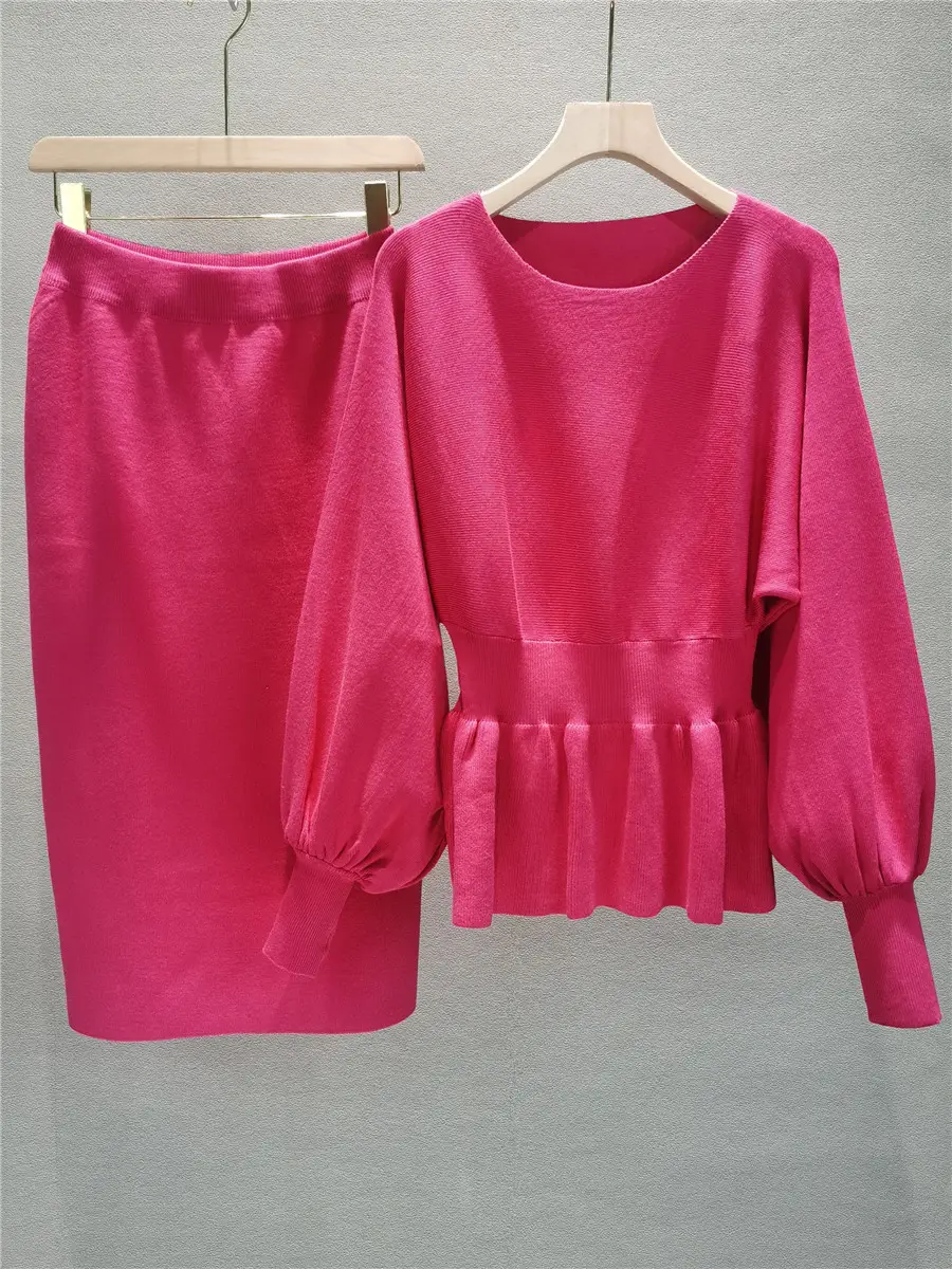 Cross-Border Foreign Trade Versatile Ladylike Two-Piece Set Ruffled Sweater High-Waist Slim Skirt Suit for Women in Autumn